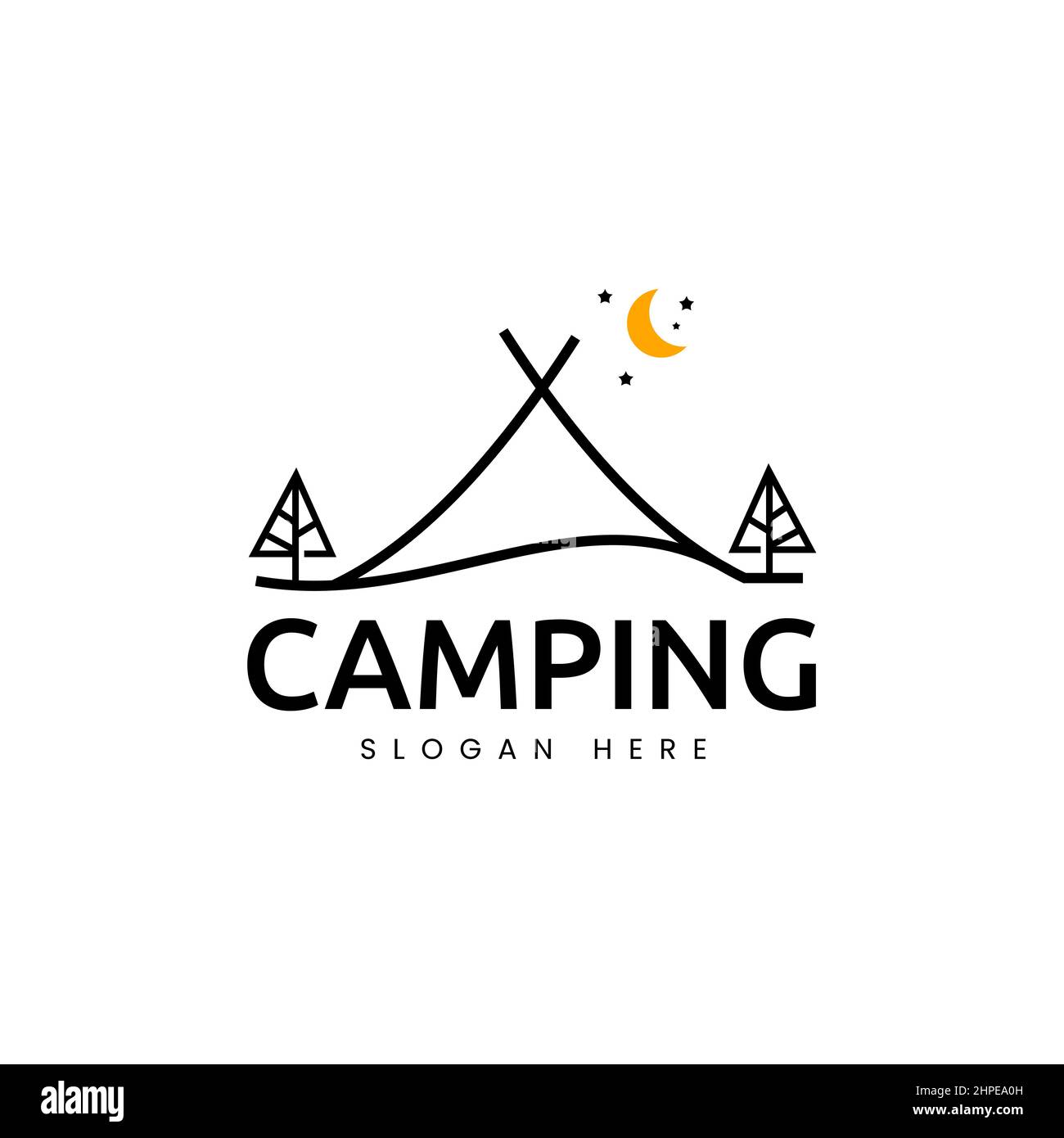 Camping-Logo im Linienstil, Mond und Sterne am Himmel minimalistische Vektor-Illustration Stock Vektor