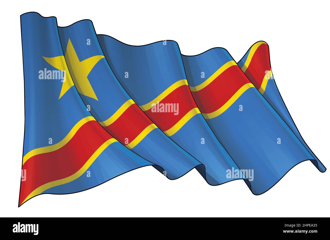 Vektordarstellung einer winkenden Flagge der Demokratischen Republik Kongo. Alle Elemente übersichtlich auf klar definierten Ebenen und Gruppen. Stock Vektor