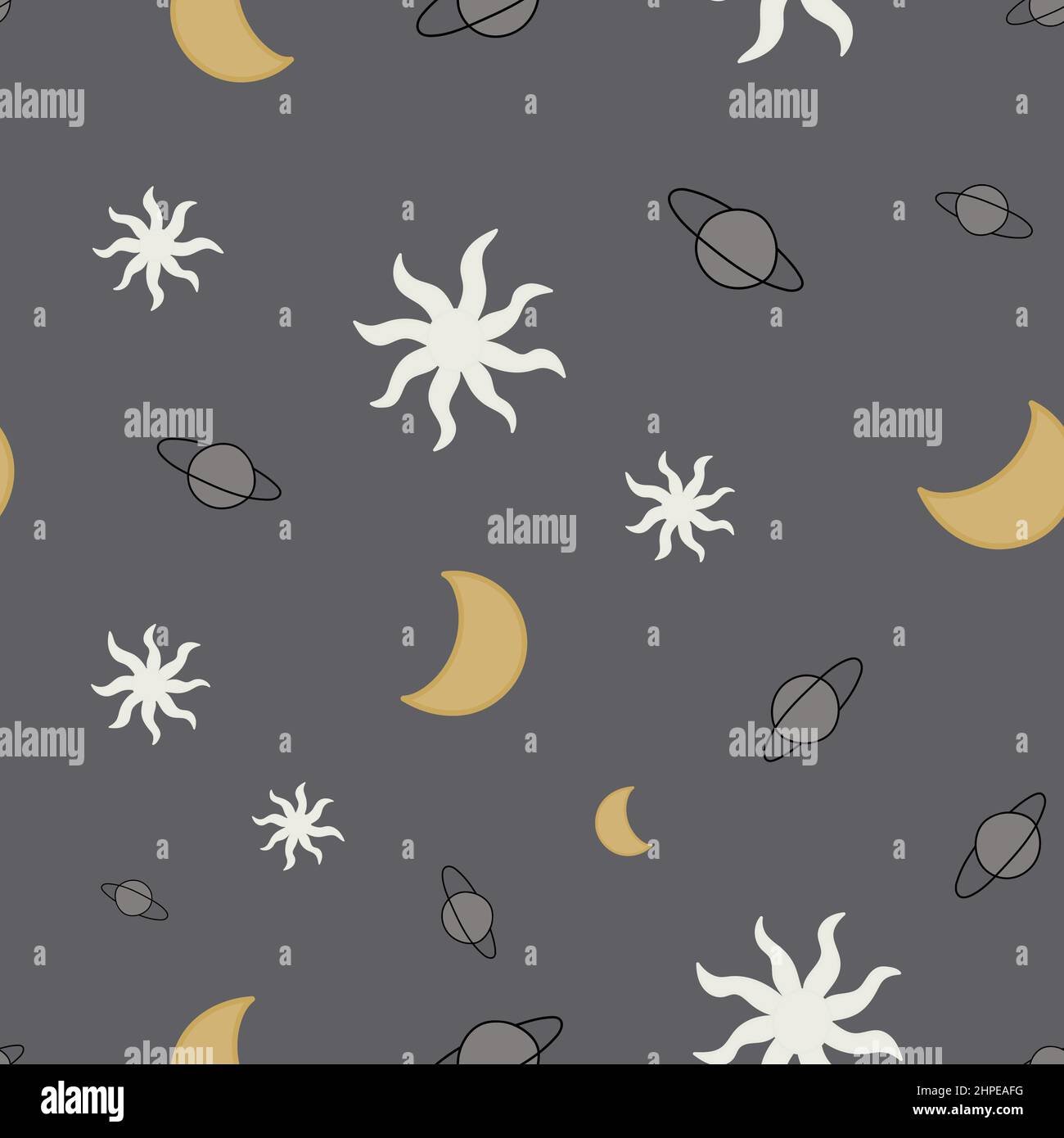 Nahtlose Muster der Himmelskörper. Handgezeichnete astronomische Objekte auf grauem Hintergrund. Stock Vektor