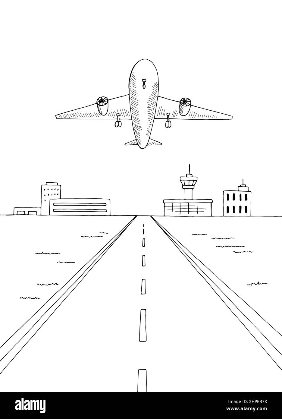 Flughafen Exterieur Flugzeug Start Grafik schwarz weiß vertikale Skizze Illustration Vektor Stock Vektor