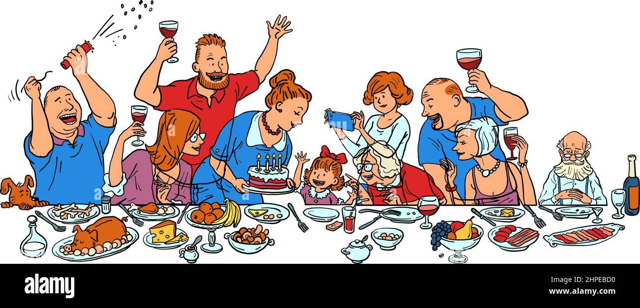 Ein Mädchengeburtstag, eine große Familie an einem festlichen Tisch. Viel Essen, Snacks und Getränke Stock Vektor