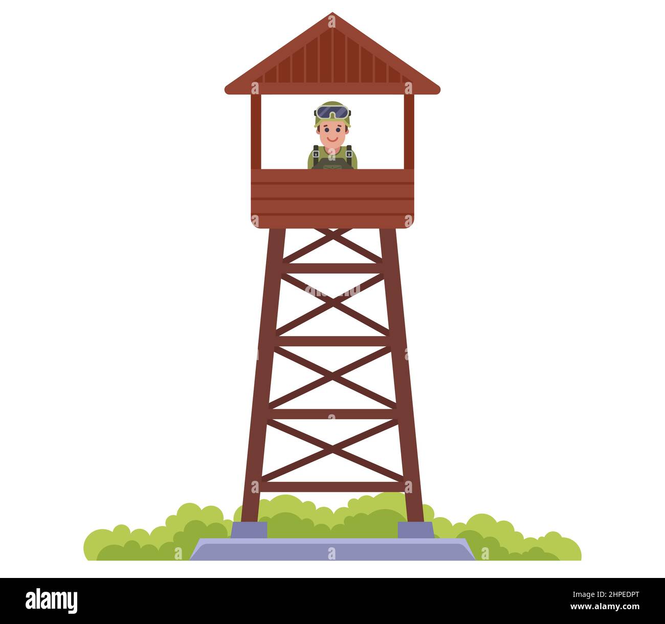 Militärischer Holzturm zum Schutz des kontrollierten Territoriums. Flache Vektorgrafik. Stock Vektor