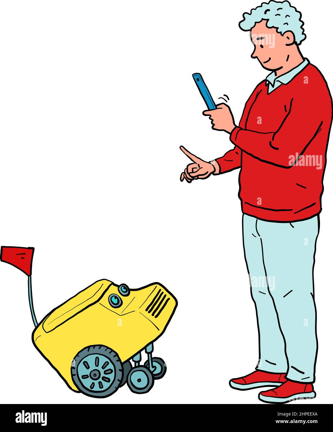 Ein Mann und ein Zustellroboter, der wie ein Haustier trainiert, ein Drohnenkurier Stock Vektor