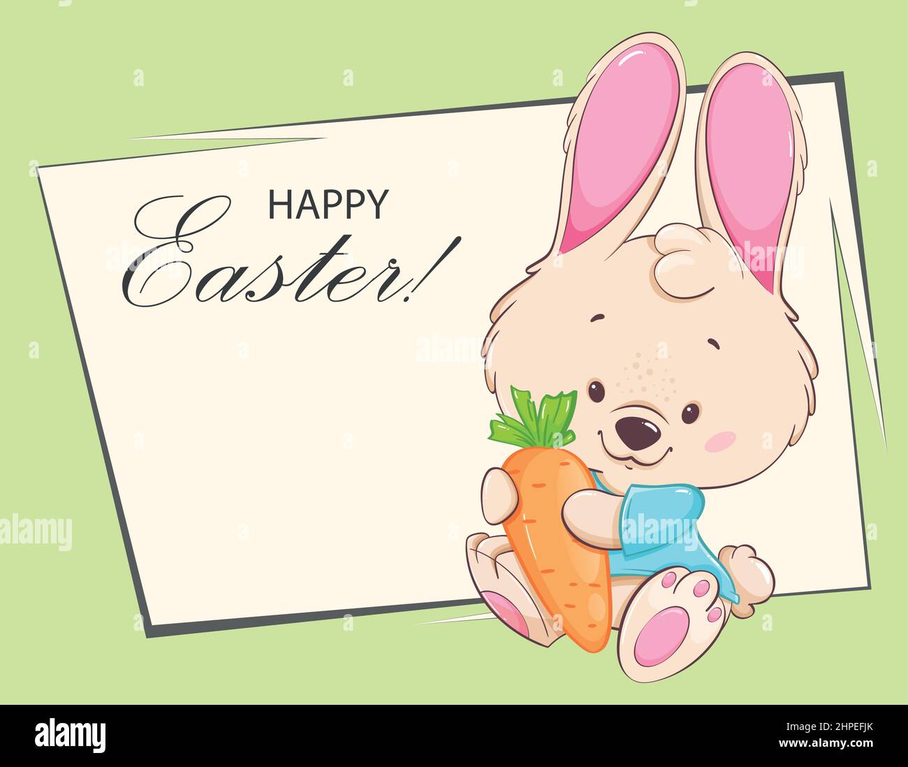 Frohe Ostern Grußkarte. Lustige Zeichentrickfigur Kaninchen halten Karotte. Osterhase. Vektorgrafik für Aktien Stock Vektor