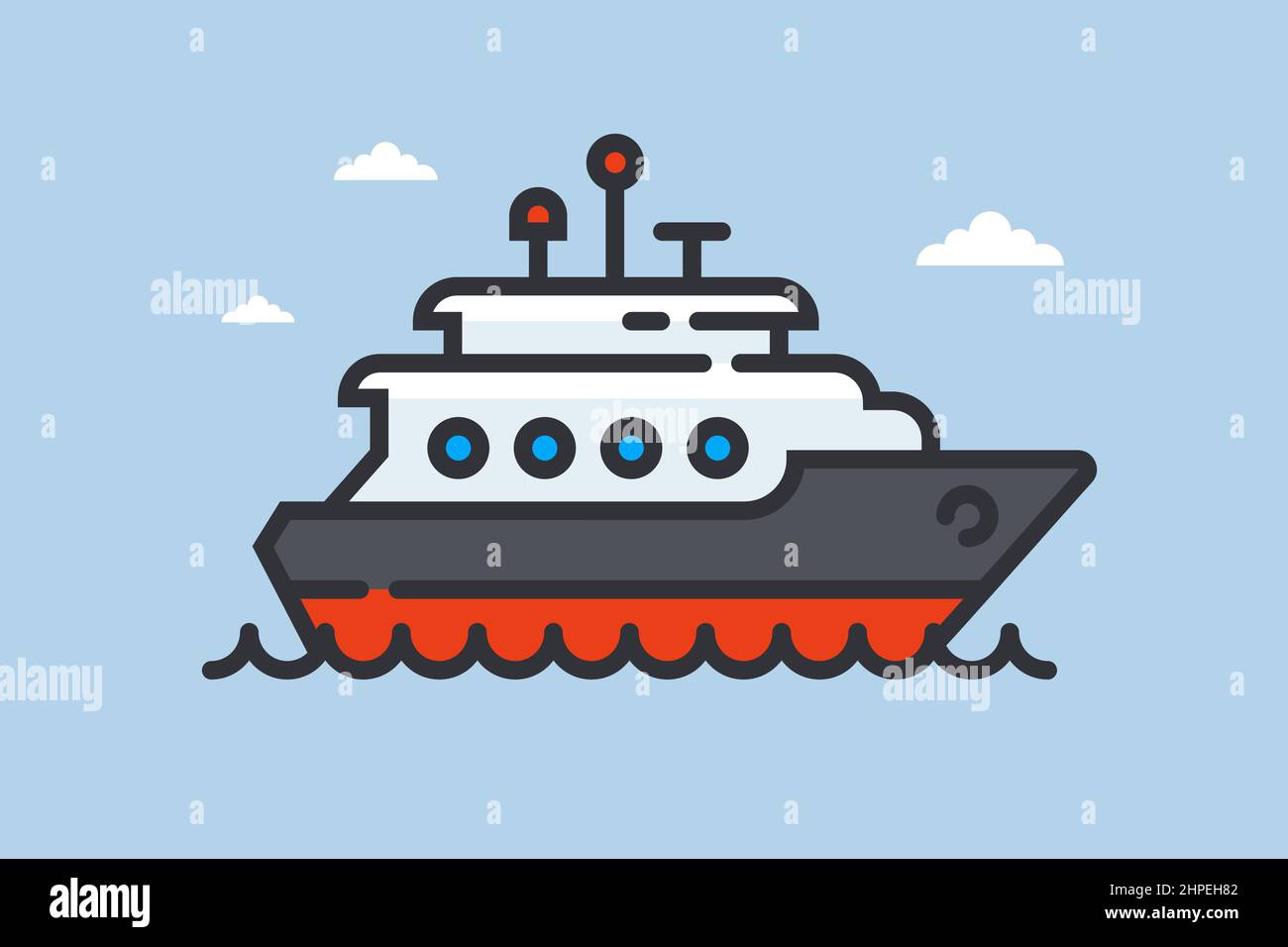 Schiffssymbol auf Wellen. Private Yacht auf See. Flache Vektorgrafik. Stock Vektor