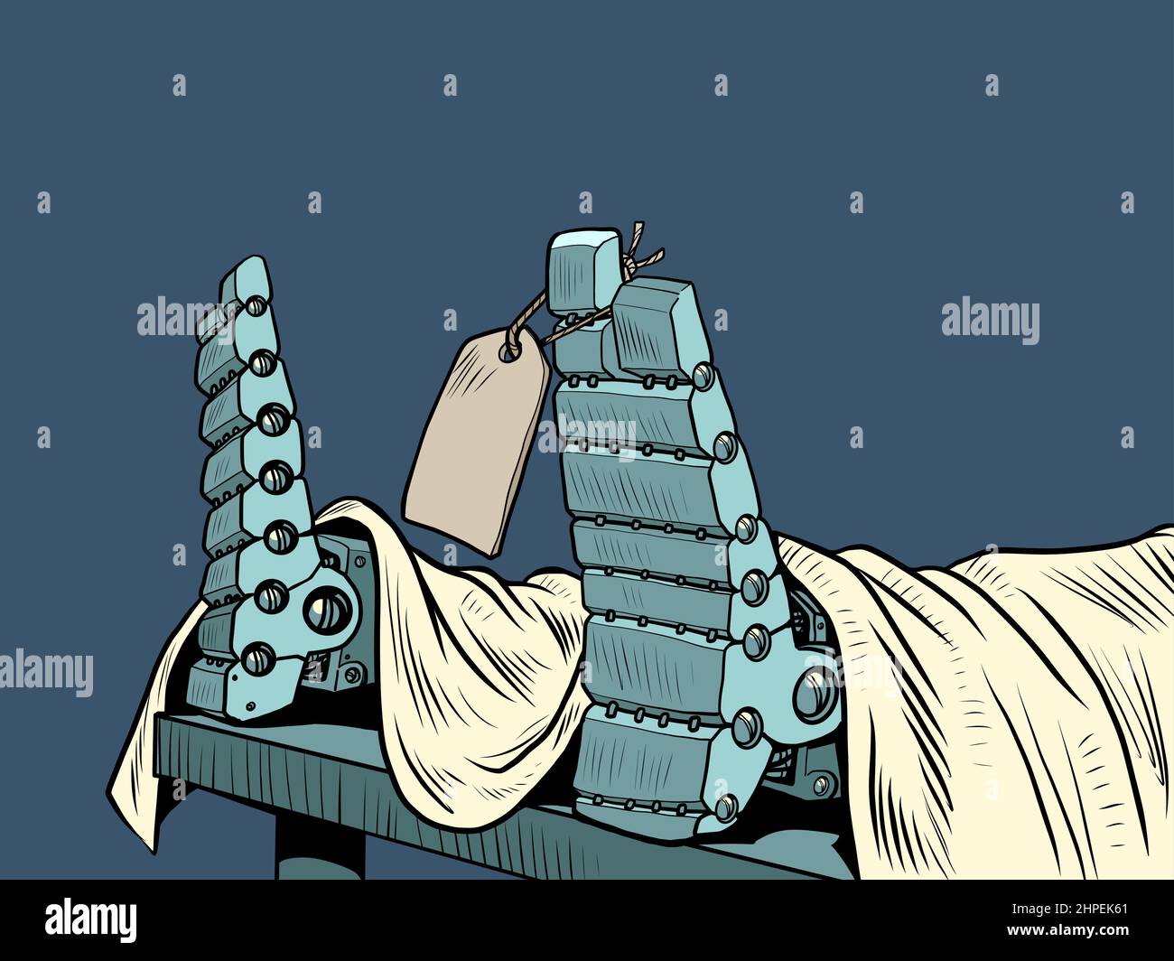 Der Leichnam des Todesroboters in der Leichenhalle, das Etikett auf dem Bein. Ein Opfer von Gewalt. Tod des Technologiekonzepts Stock Vektor