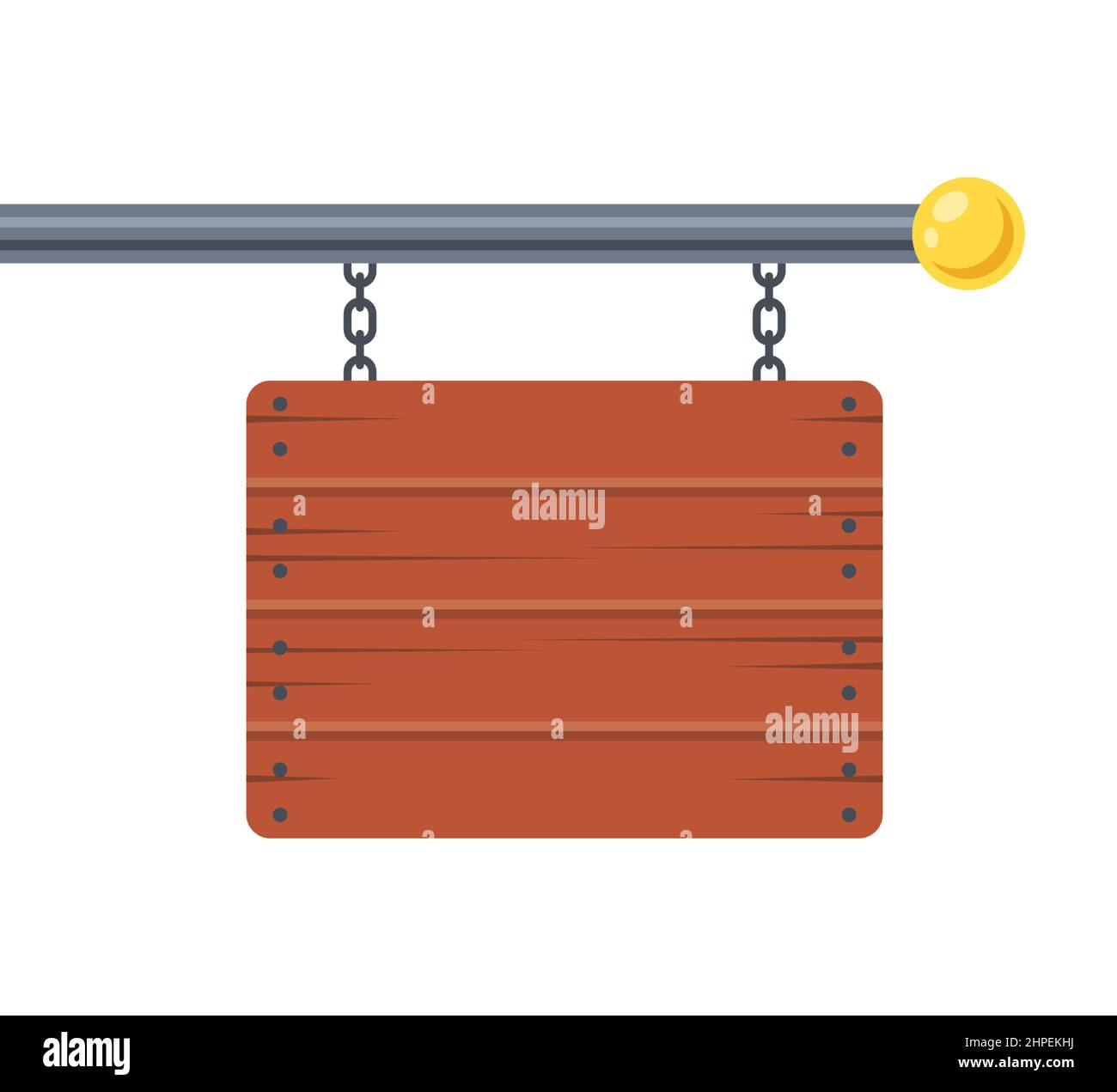 Werbung Holzschild hängt auf einem Metallmast. Flache Vektor-Illustration. Stock Vektor