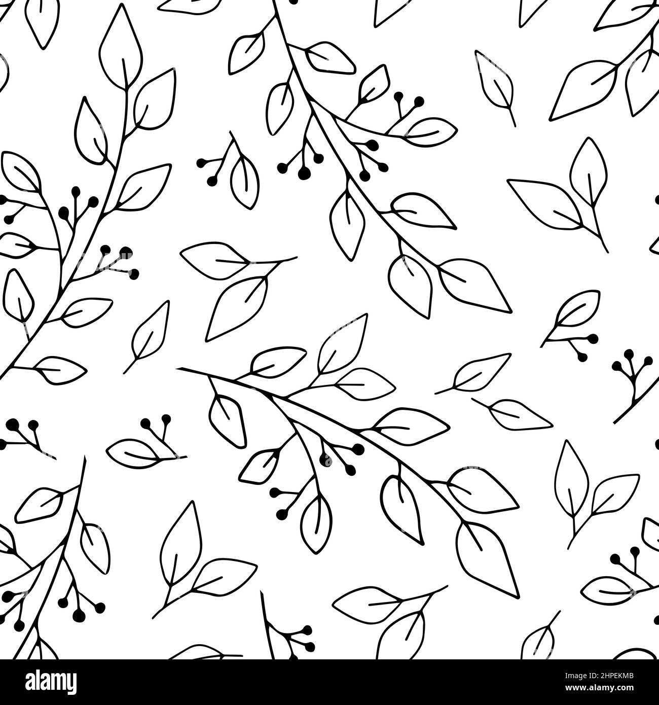 Nahtloses Muster im Stil von botanischen Kritzeleien mit Zweigen von Pflanzen auf weißem Hintergrund. Geeignet zum Einwickeln von Papier, verschiedenen Textilien, sowie Stock Vektor