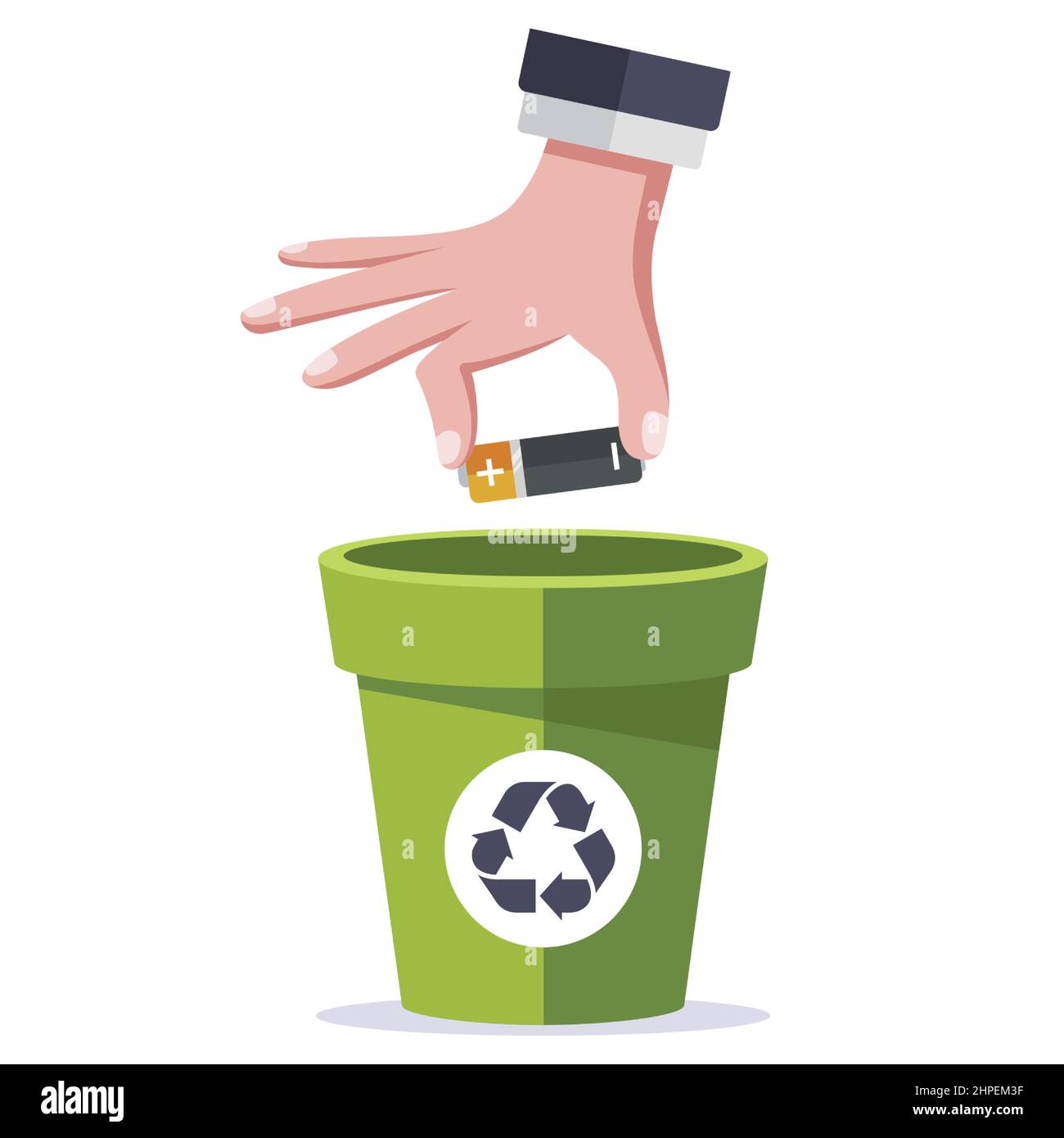 Entsorgen Sie die Batterie in einem speziellen Behälter. Flache Vektorgrafik. Stock Vektor