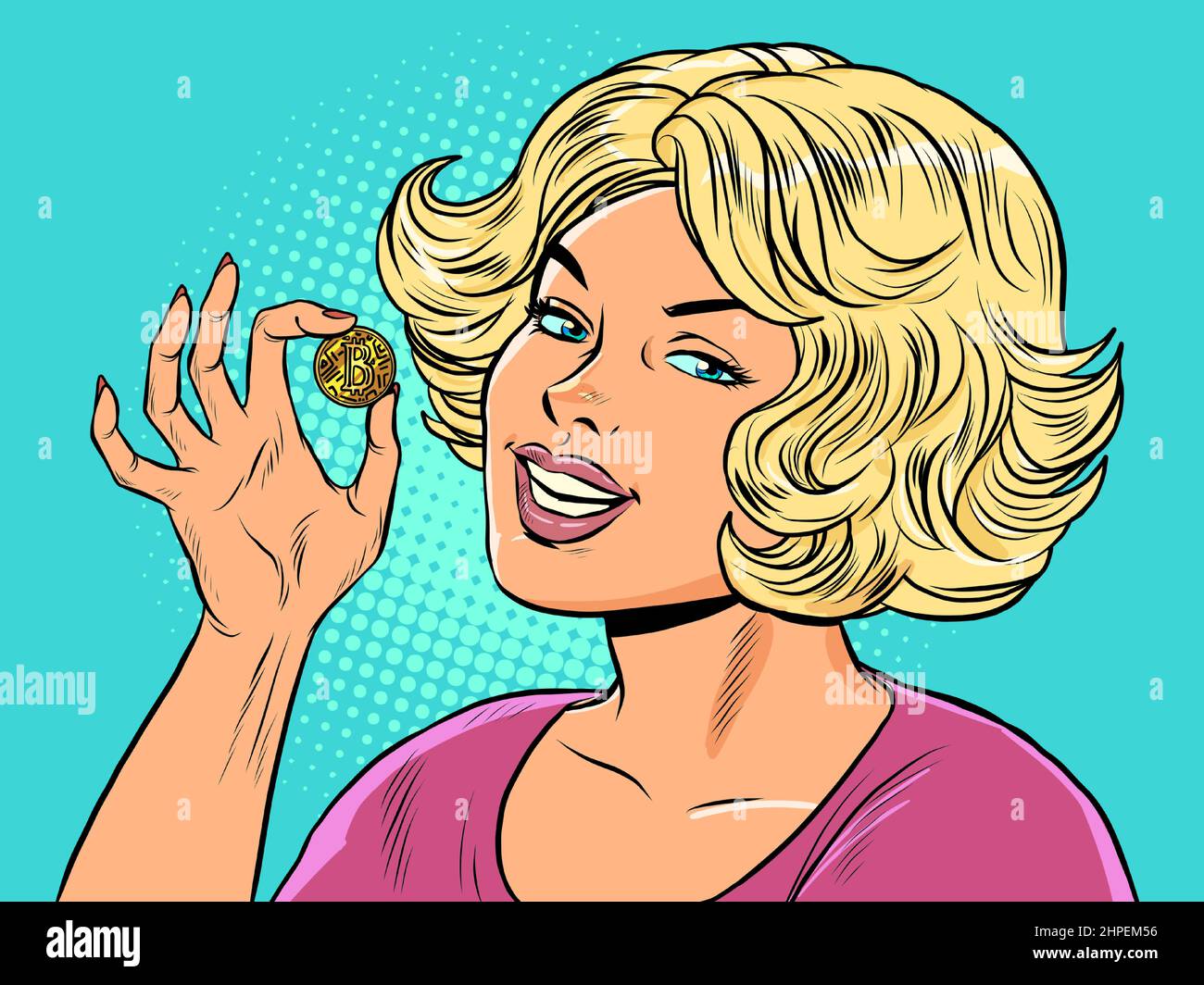 Ein blondes Mädchen hält eine Bitcoin-Münze in ihren Händen. Kryptowährung virtuelles Geld Stock Vektor