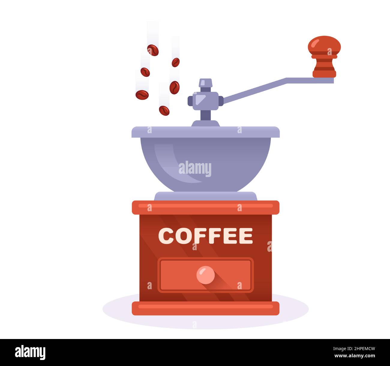Eine Kaffeemühle mahlt die Bohnen für Ihr Morgengetränk. Flache Vektorgrafik. Stock Vektor