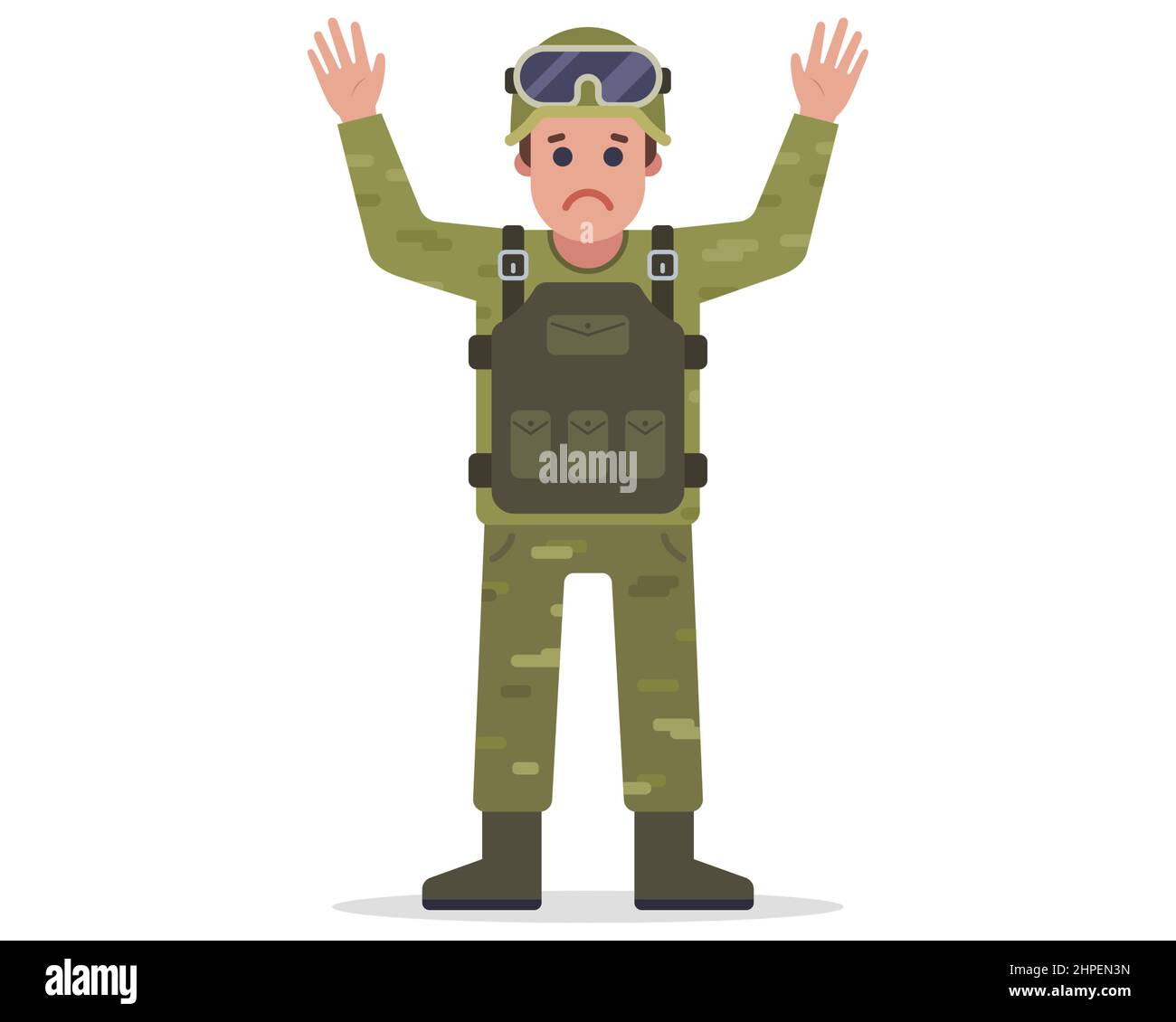 Ein gefangener Soldat hebt die Hände und gibt sich auf. Vektorgrafik für flache Zeichen. Stock Vektor