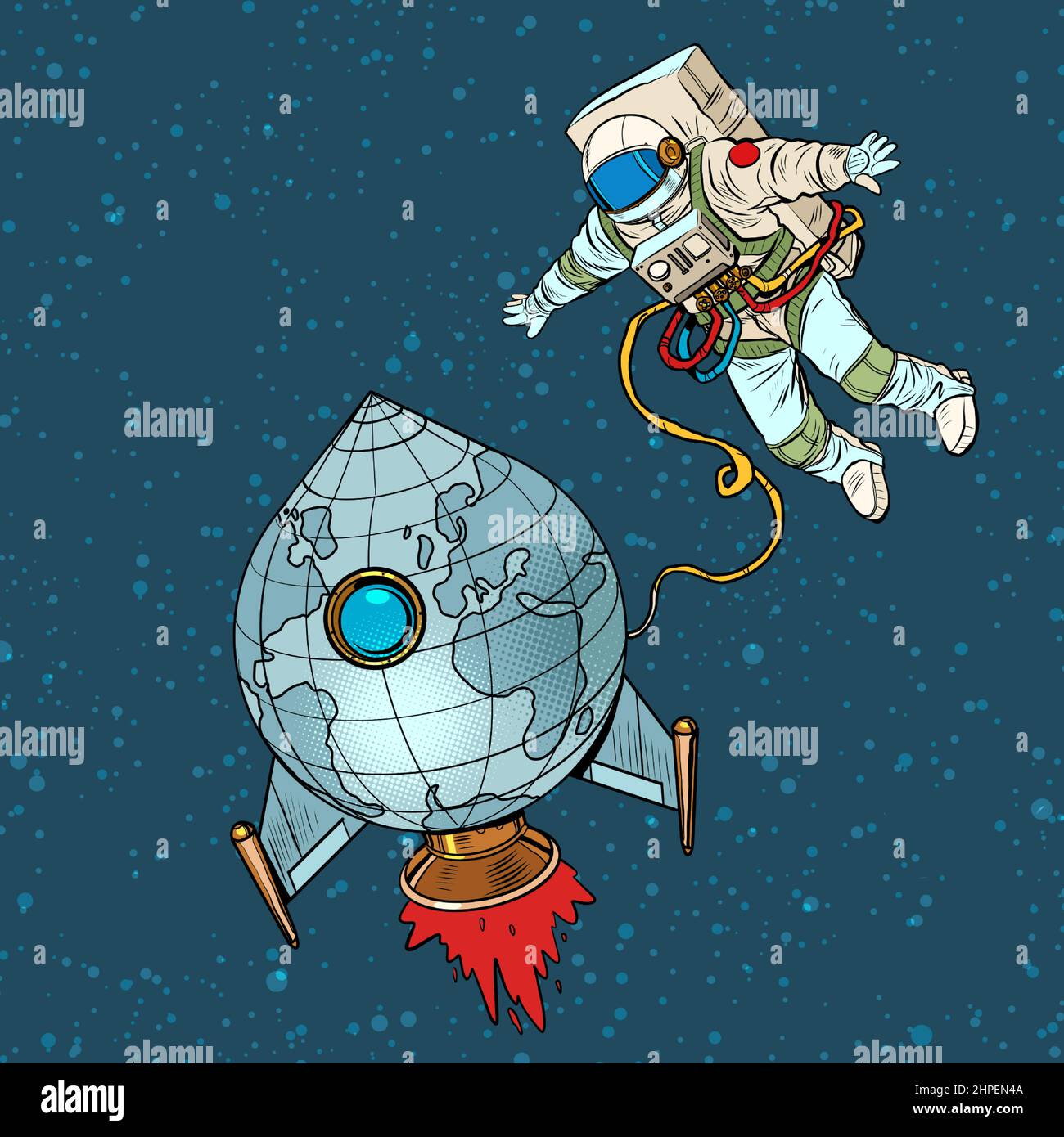 Der Planet Erde ist wie eine Rakete und ein Astronaut fliegt im All. Die Menschheit und das Universumskonzept Stock Vektor