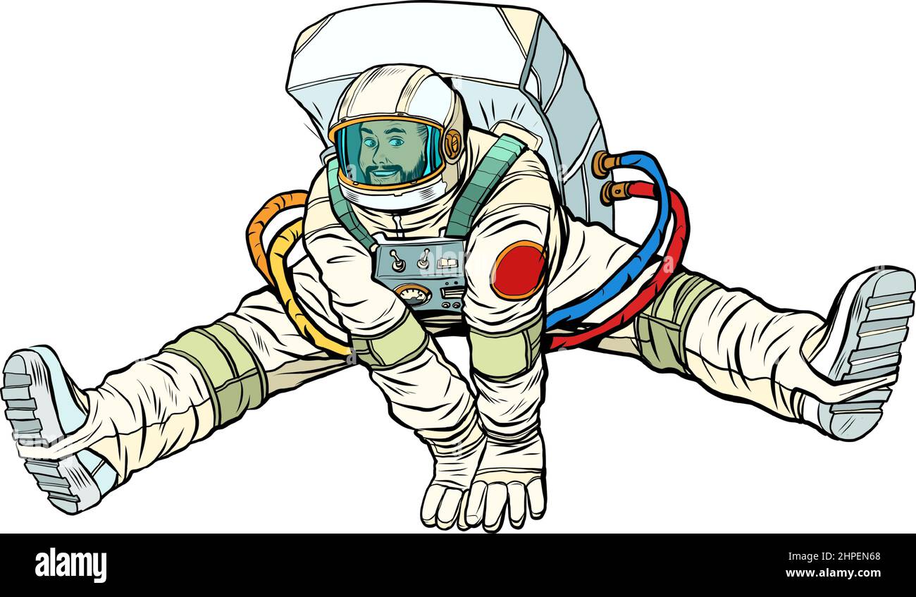Der Astronaut freut sich, in einer lustigen Pose mit auseinander stehenden Beinen hochspringen zu können. Raumfahrt und Wissenschaft Stock Vektor