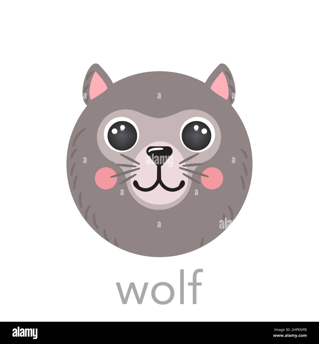 Wolf nettes Porträt mit Name Text Lächeln Kopf Cartoon runde Form Avatar Tier Gesicht, isolierte Vektor-Symbol Illustrationen auf weißem Hintergrund. Flaches gezeichnetes Poster für Kinder, UI-App, T-Shirts, Babykleidung Stock Vektor