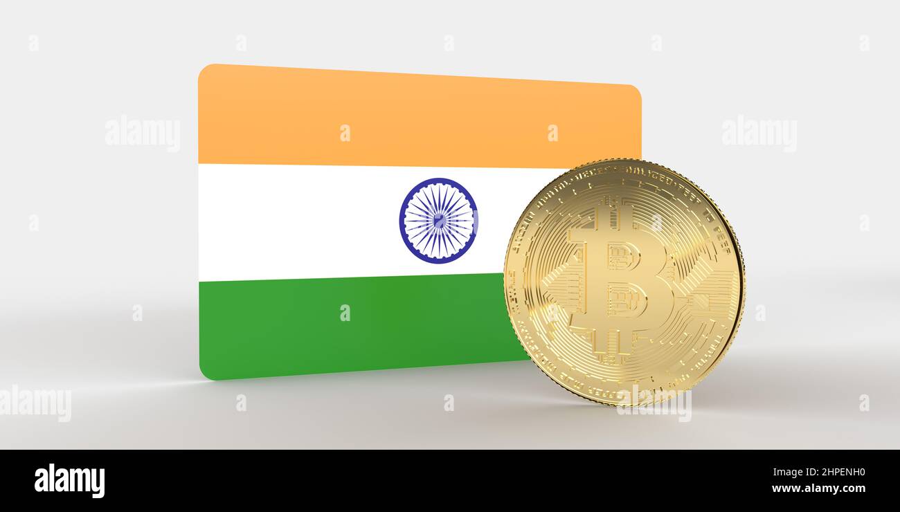 Indische Nationalflagge von Indien mit goldener metallischer Bitcoin-Kryptowährung-Münze. 3D Rendering auf weißem Hintergrund mit Kopierbereich. Stockfoto