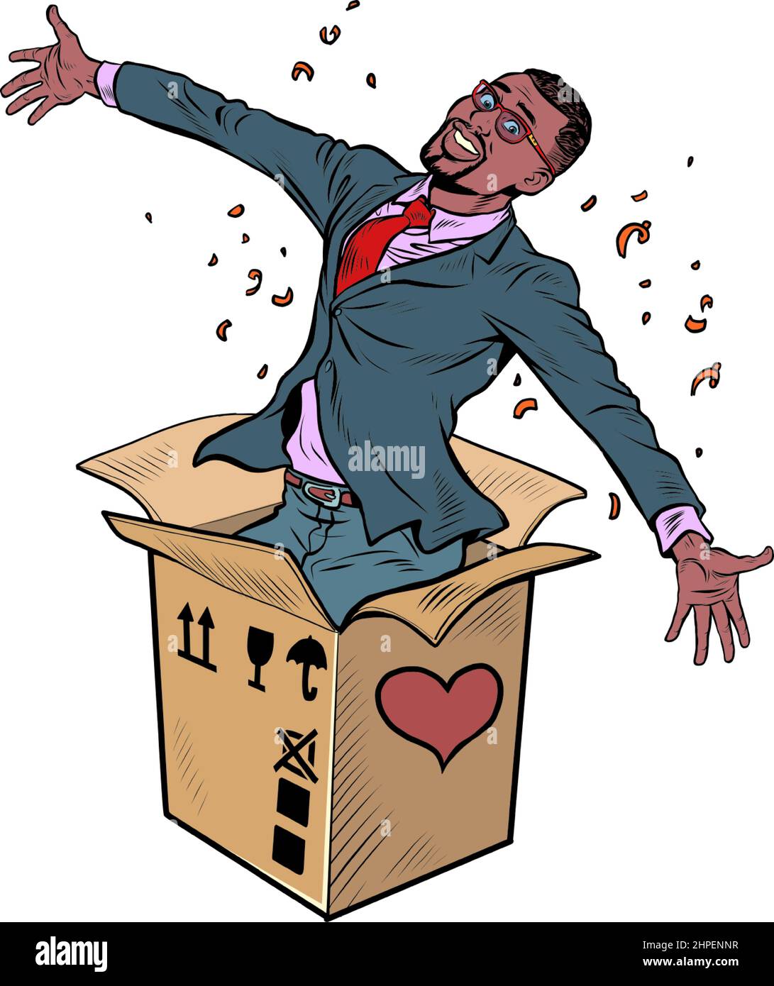 Bräutigam afrikanischen Mann Geschäftsmann Box valentine Überraschung Gruß, Liebe Romantik isolieren auf einem weißen Hintergrund Stock Vektor