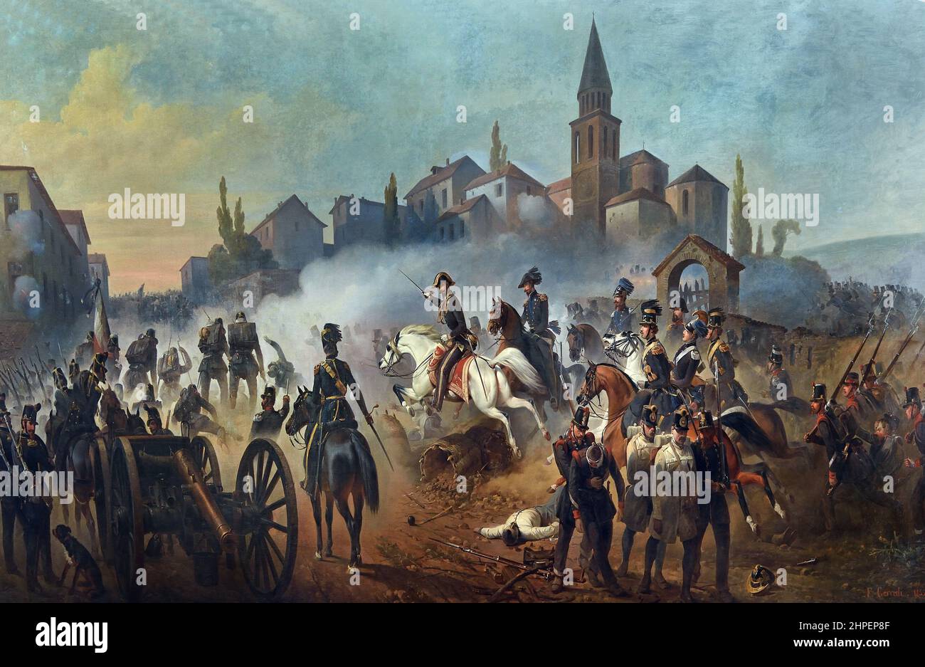 Schlacht von Sommacampagna, die am 23. Juli 1848 unmittelbar vor der Schlacht von Custoza im Rahmen des ersten Unabhängigkeitskrieges stattfand.erster Unabhängigkeitskrieg, Die am 30. April 1848 in Sommacampagna stattfand, anlässlich der Schlacht von Pastrengo (am Morgen des 30th. April, als der Angriff von Pastrengo und Bussolengo begann, versuchte Radetzky, die piemontesische Armee von Sona und Sommacampagna zu stoppen, wurde aber von der Brigade Aosta abgelehnt. Gemälde von Cerruti Bauduc. Stockfoto