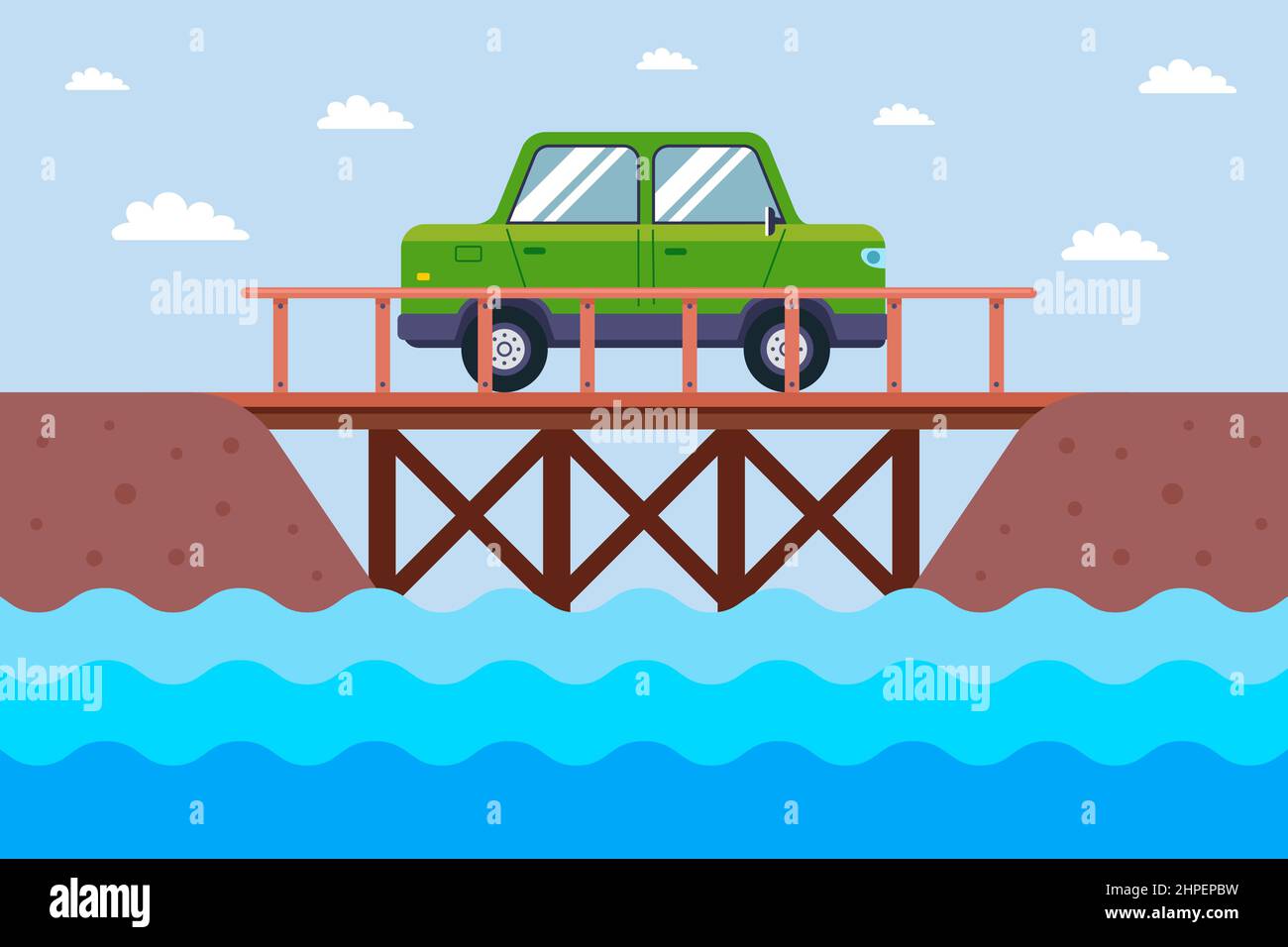 Das Auto fährt auf einer Holzbrücke über den Fluss. Flache Vektorgrafik. Stock Vektor