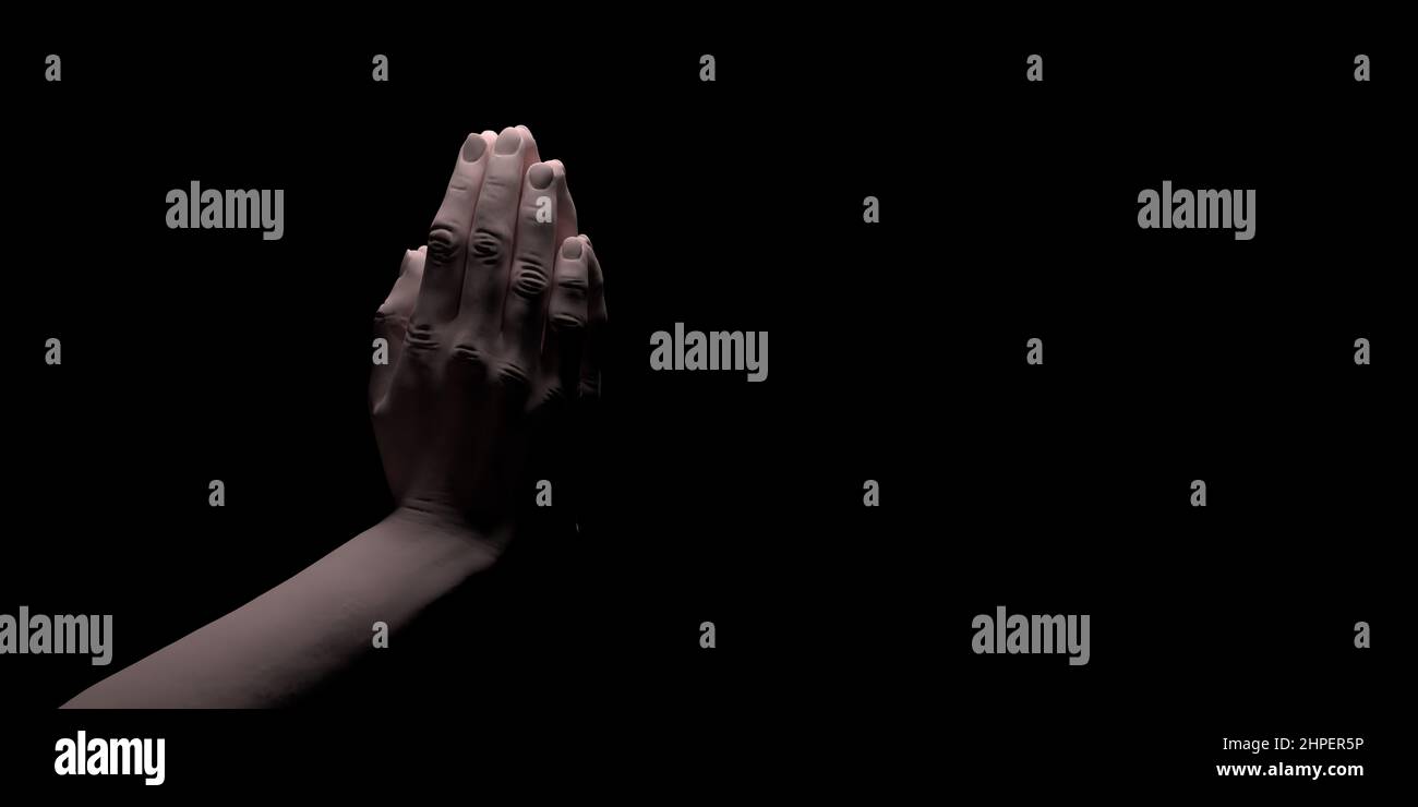 Betende Hände des weißen Gebets in 3D dargestellt Illustration. Stellen Sie Fingerspitzen in den Mittelpunkt. Religiöser schwarzer Hintergrund mit großem Kopierraum. Die Hand des Gebets Stockfoto