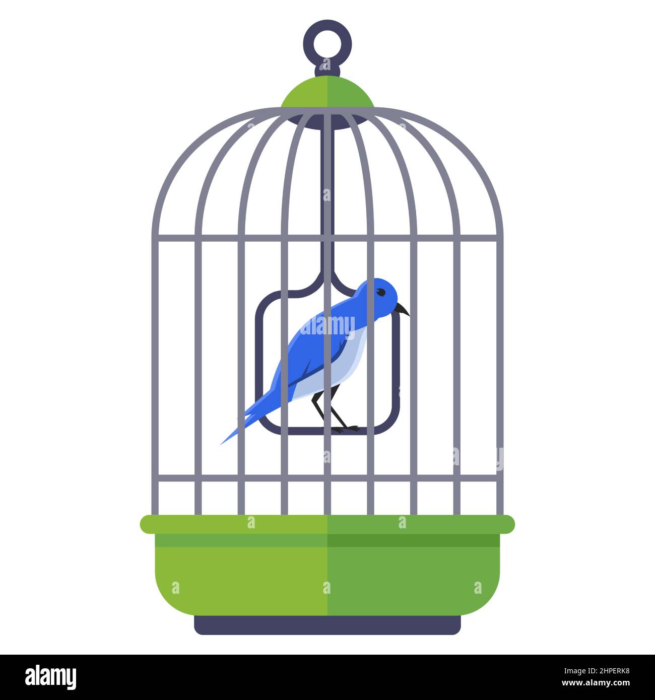 Blauer Vogel in einem eisernen Käfig. Zuhause gefiedertes Haustier. Flache Vektorgrafik. Stock Vektor