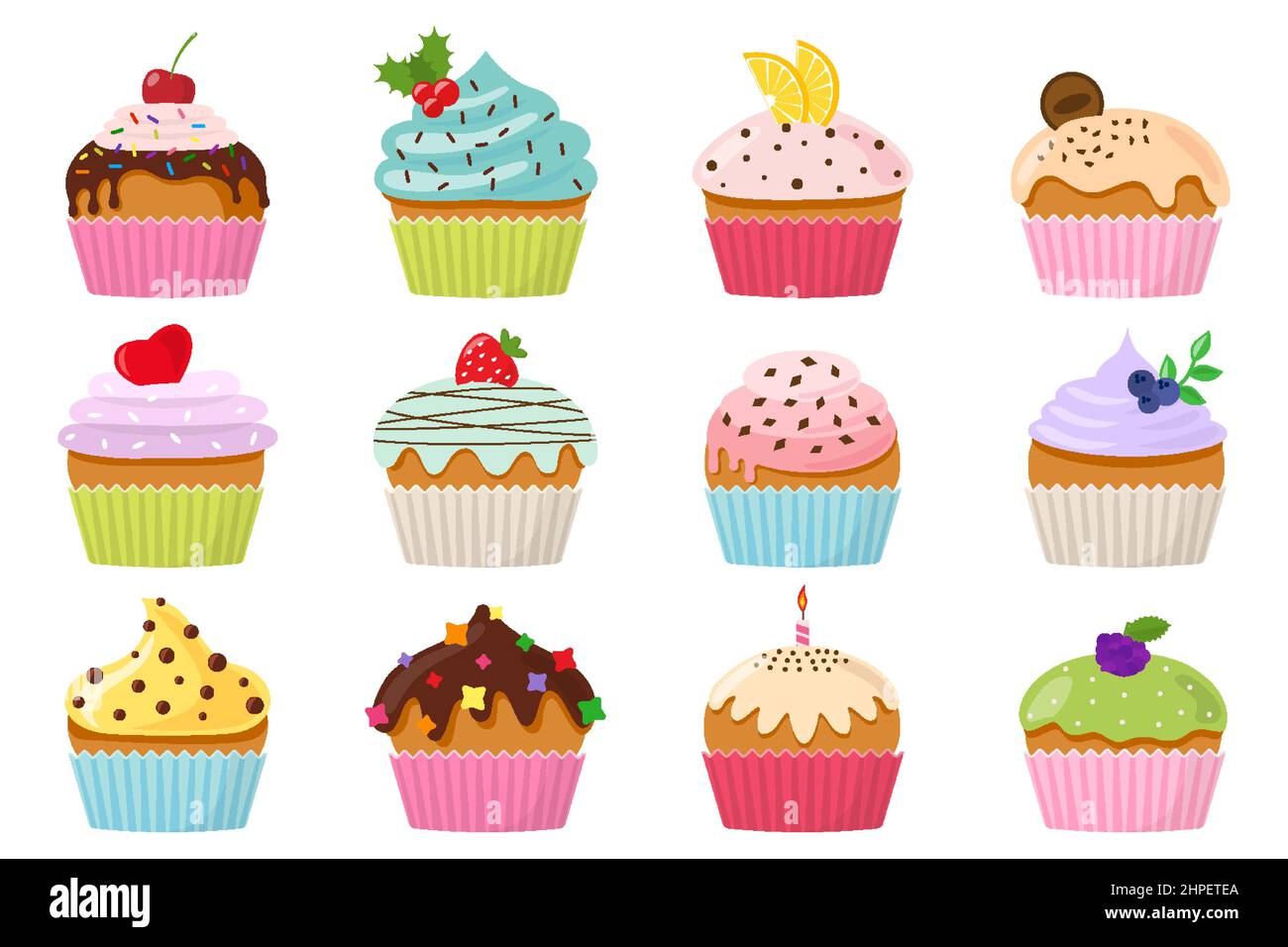 Cupcakes mit Creme und Schokolade Set. Süße Muffin-Kollektionen, dekoriert mit Kirsche, Brombeere und Minze, Kerze, Zitrone, Keks, Erdbeere. Gebäck mit leckeren Krümel bestreut. Vektorgrafik Stock Vektor