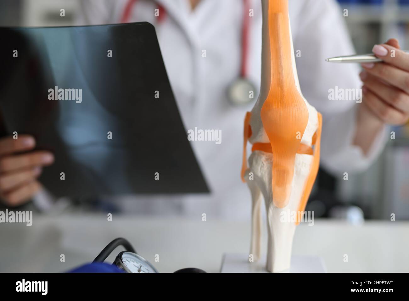 Ärztlicher Traumatologe demonstriert Knochen des Kniegelenks am künstlichen Modell und nimmt Röntgenbild Nahaufnahme Stockfoto