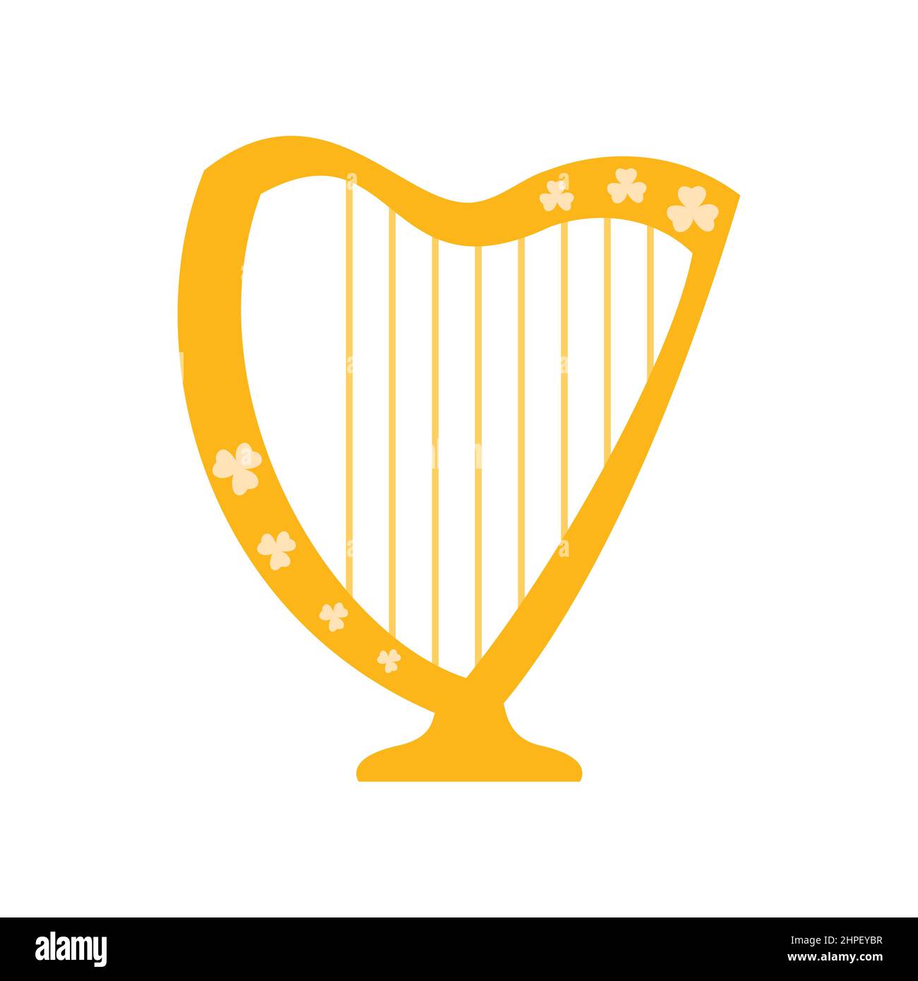 Harfe mit Kleeblatt-Ornament. St. Patricks Day Feiertagselement. Festliche Harfe auf weißem Hintergrund isoliert. Vektorgrafik flach. Stock Vektor