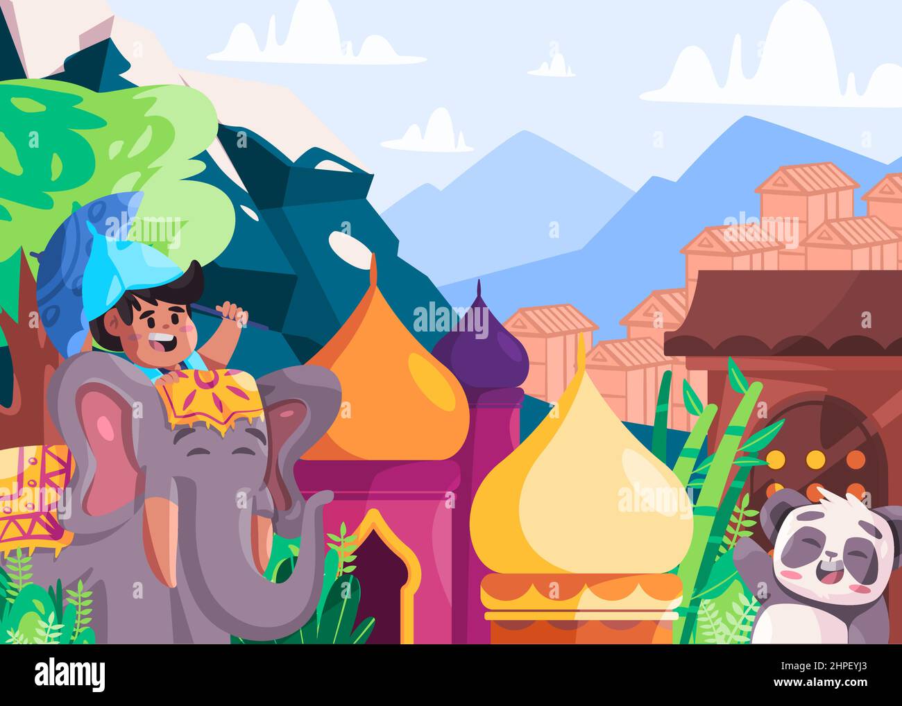 Bunte Illustration Tourismus in Himalaya China und Indien Kinder Reiten Elefant Panda Bambus und Architektur Wahrzeichen Stock Vektor