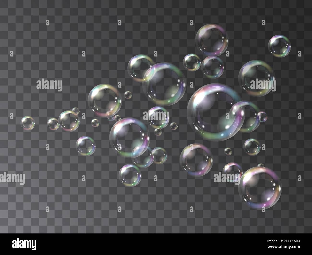Seifenblasen fliegen in einem Jet. Vektor-Illustration von realistisch irisierenden Seifenblasen fliegen in einem Fluss isoliert auf einem transparenten Hintergrund. Stock Vektor