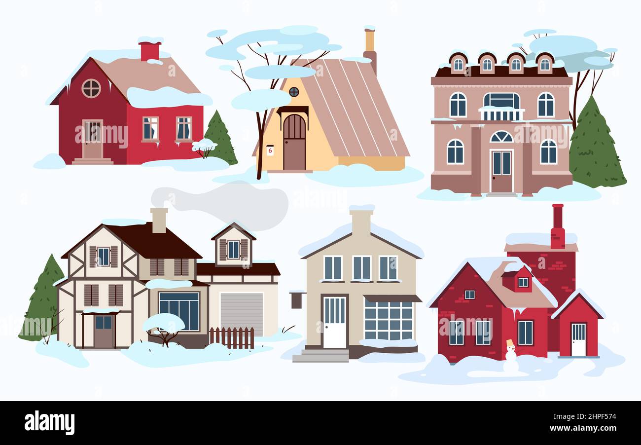 Dorf Moderne Häuser im Winter kaltes Wetter und Schnee gesetzt, Familienhäuser in Schneeverwehungen Stock Vektor