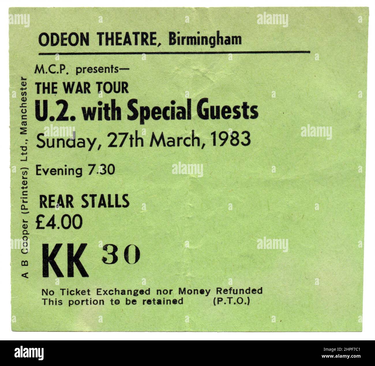 U2 Konzertkarte für die war Tour, Birmingham Odeon, Großbritannien, 1983 Stockfoto