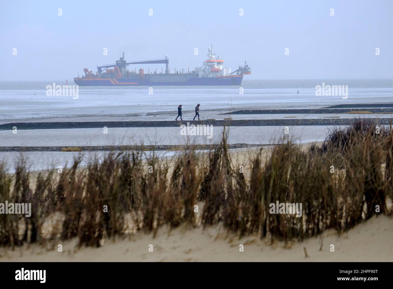 10.02.2022, Cuxhaven, Niedersachsen, Deutschland - zwei Spaziergaenger im Watt am Strand von Cuxhaven bei Ebbe an einem Wintertag im Februar am Rande Stockfoto