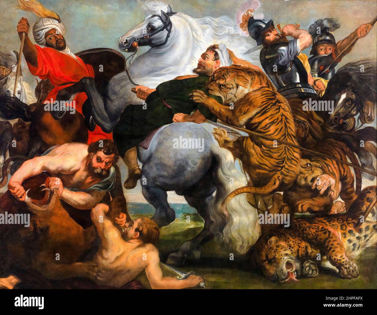 Der Tiger, Löwe und Leopard Jagd, Öl auf Leinwand Gemälde von Werkstatt von Peter Paul Rubens, 1600-1699 Stockfoto