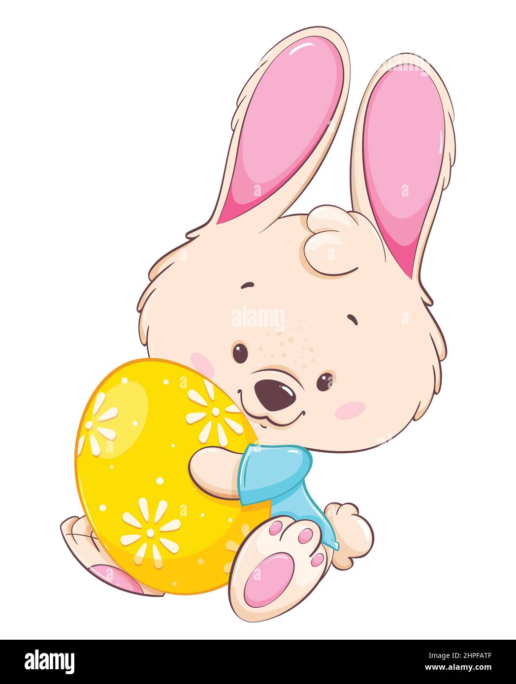 Frohe Ostern. Osterhase. Lustige Zeichentrickfigur Kaninchen hält gefärbte Ei. Vektorgrafik auf weißem Hintergrund Stock Vektor
