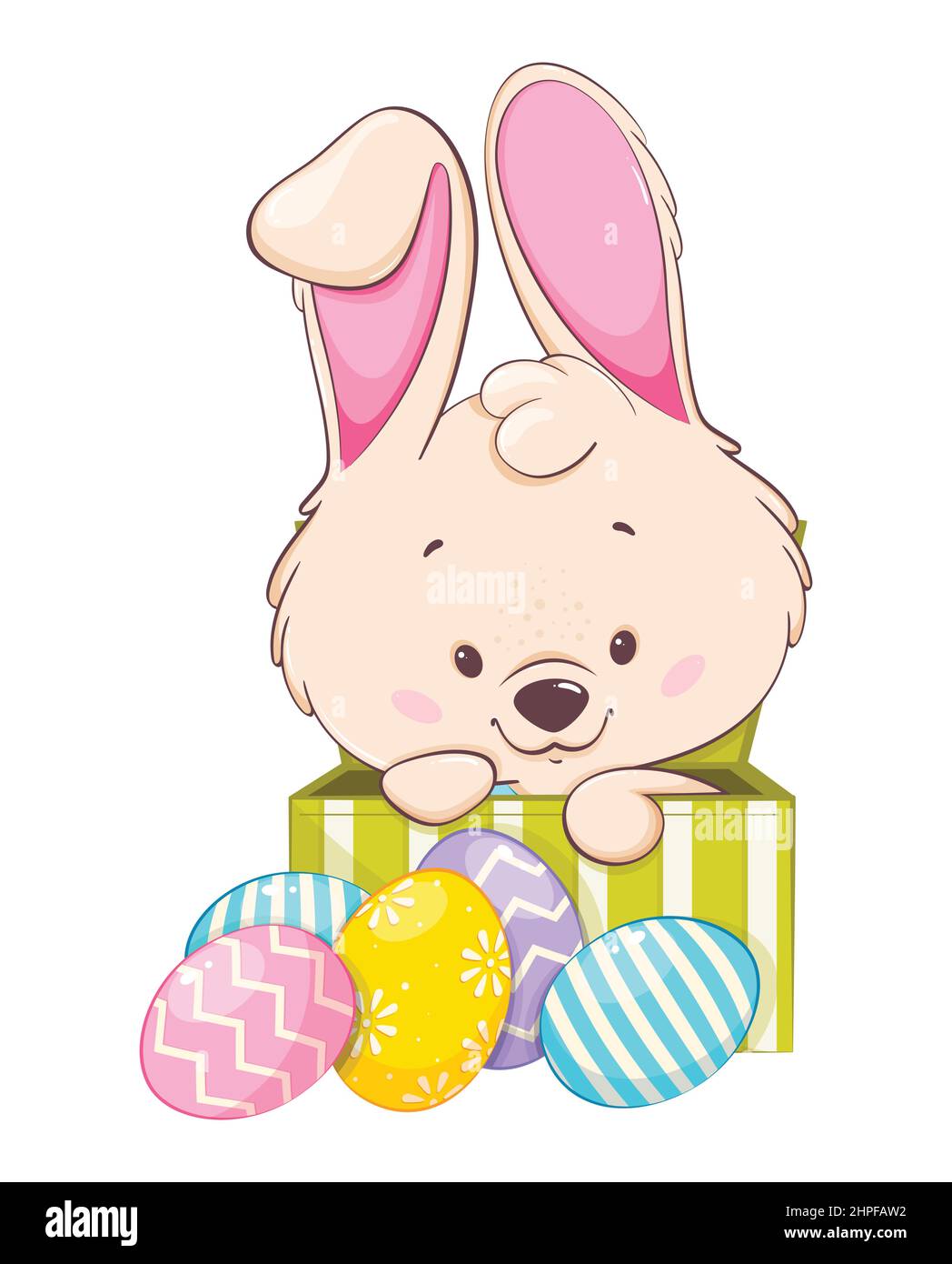 Frohe Ostern. Lustige Zeichentrickfigur Kaninchen sitzen in einer Box in der Nähe von farbigen Eiern. Osterhase. Vektorgrafik auf weißem Hintergrund Stock Vektor