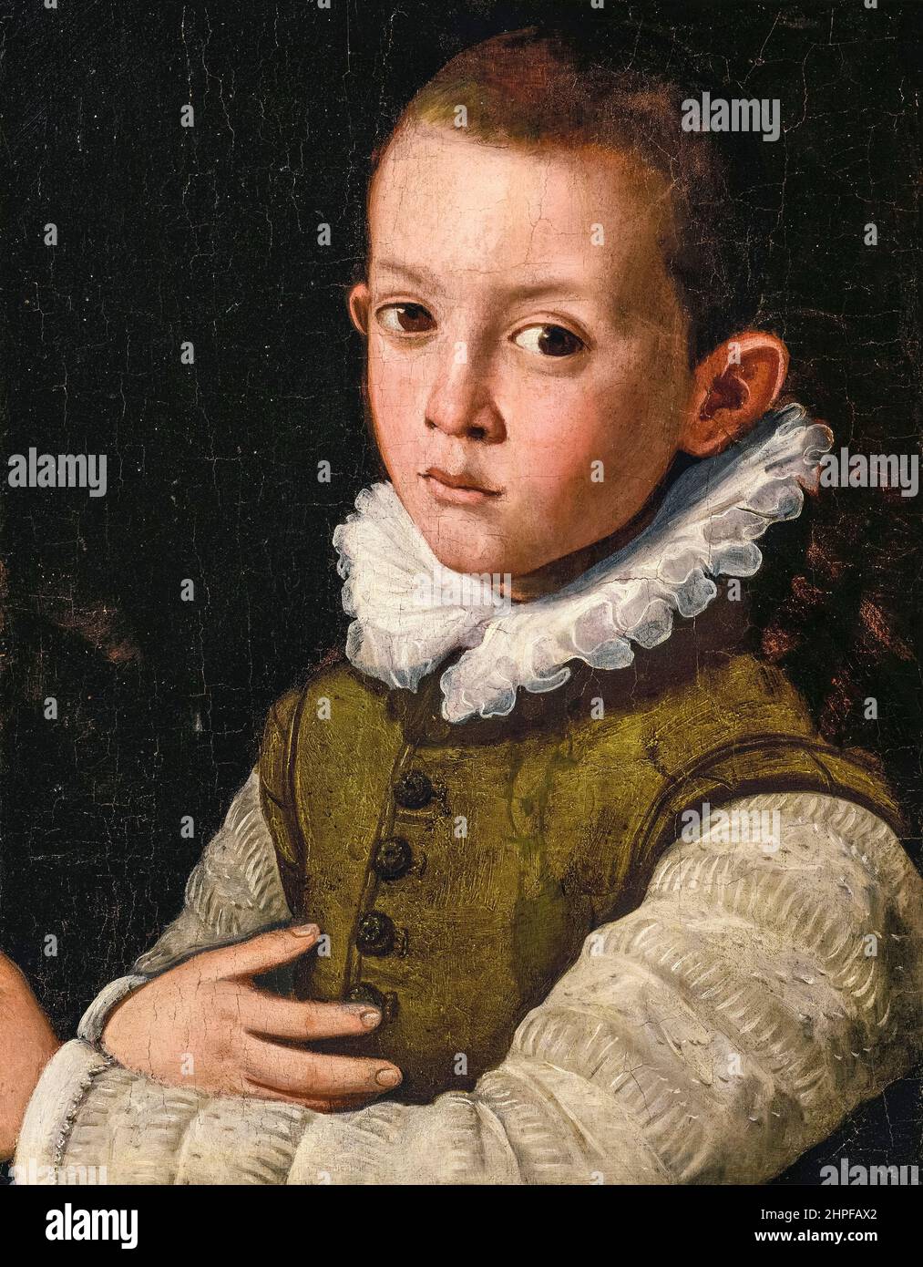 Santi di Tito, Porträt eines Jungen in halber Länge in einer Rüsche, Gemälde, Öl auf Tafel, vor 1602 Stockfoto