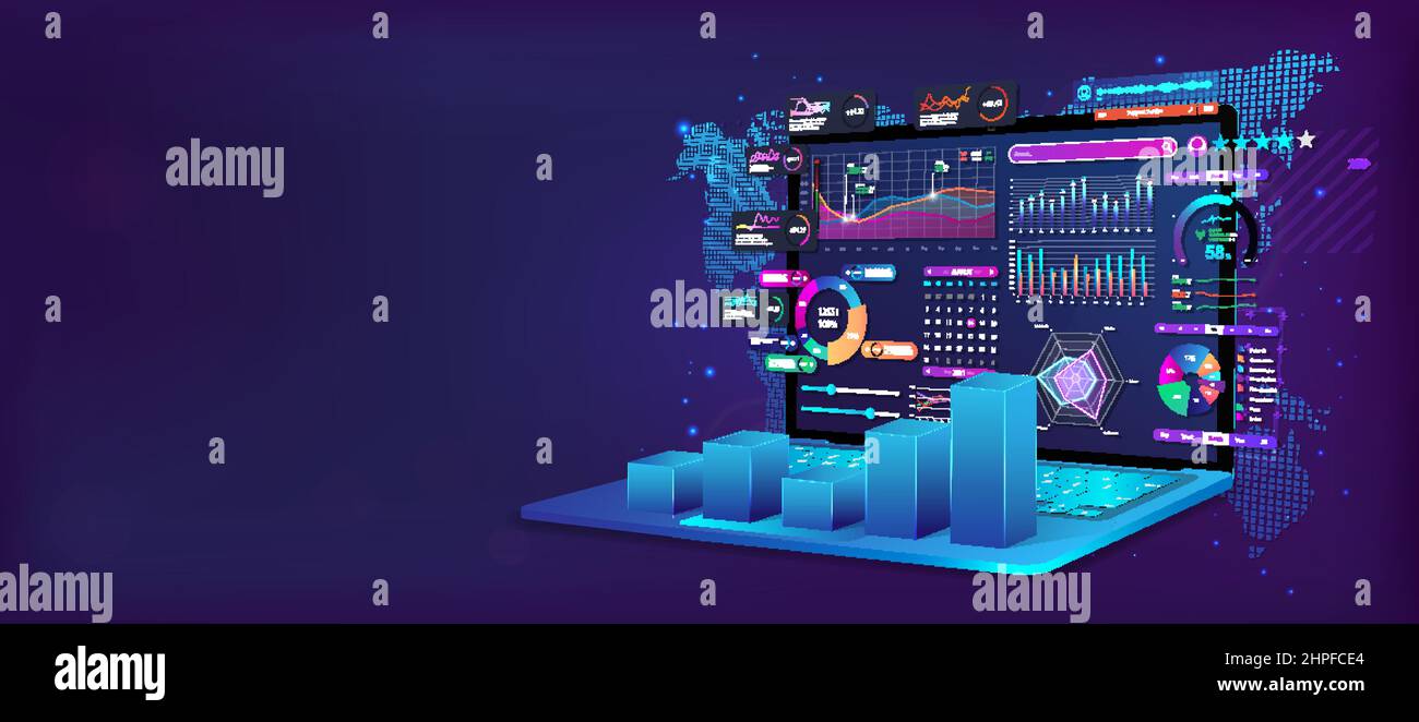 Geschäftsanalyse und -Analyse online über die App. Dashboard-App Stock Vektor
