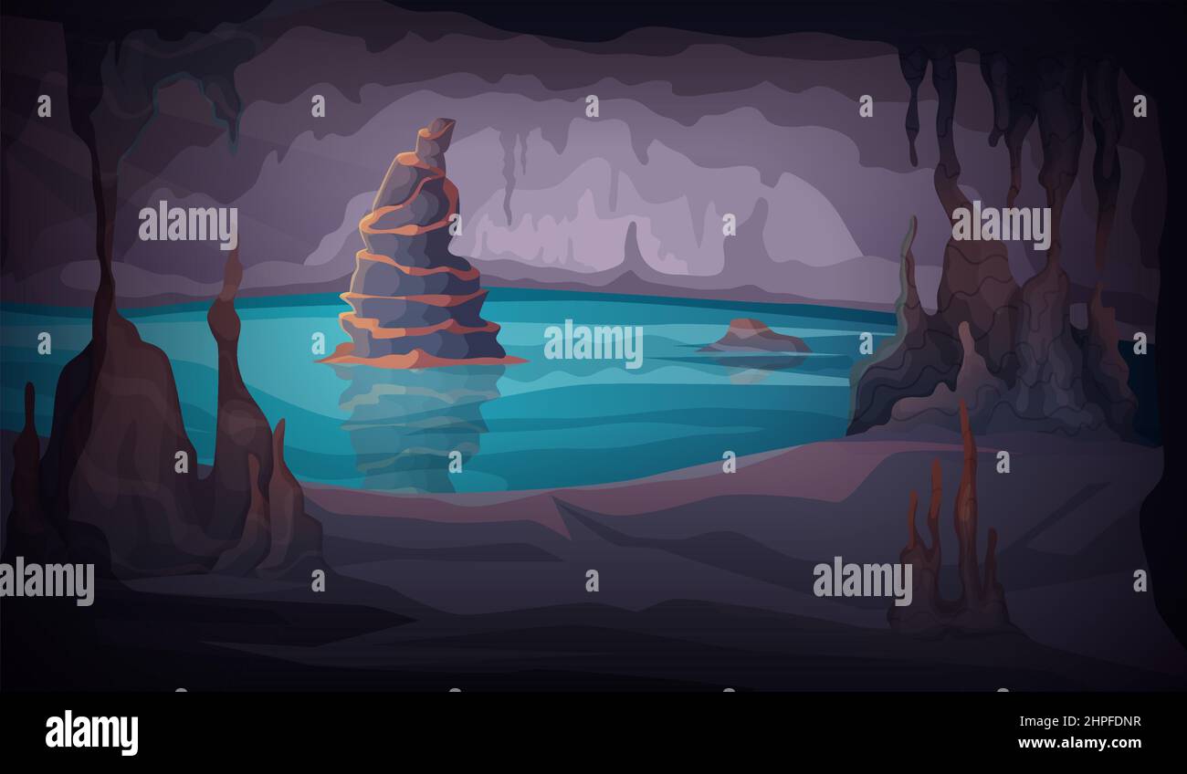 Dunkle Tropfsteinhöhle. Cartoon-Hintergrund mit tropfenden Steinen innen farbige Illustrationen genaue Vektor-Bild-Vorlage Stock Vektor