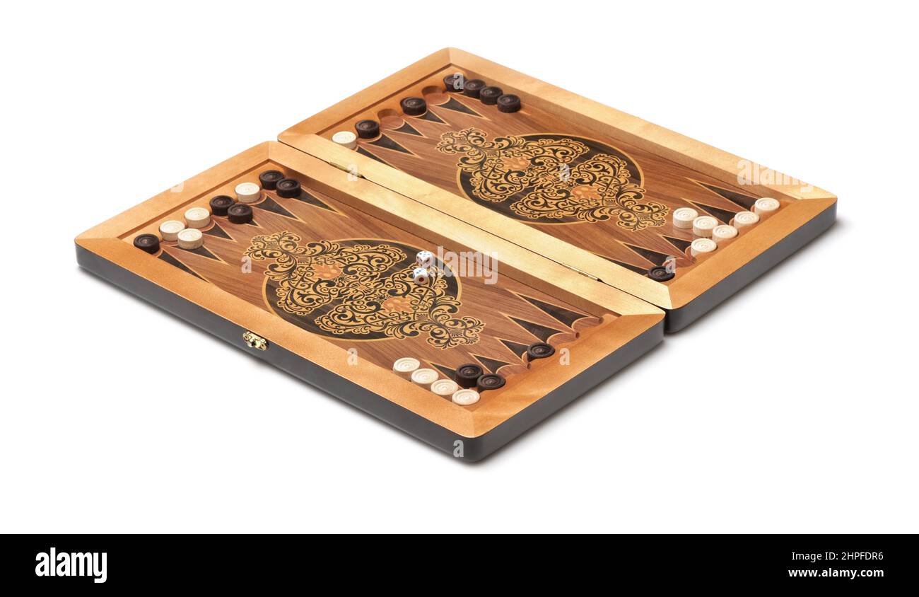 Backgammon Brettspiel isoliert auf weiß Stockfoto