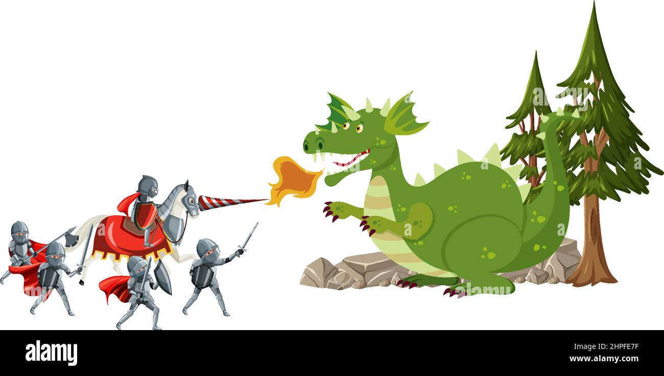 Gepanzerte Krieger kämpfen mit alten Drachen Illustration Stock Vektor