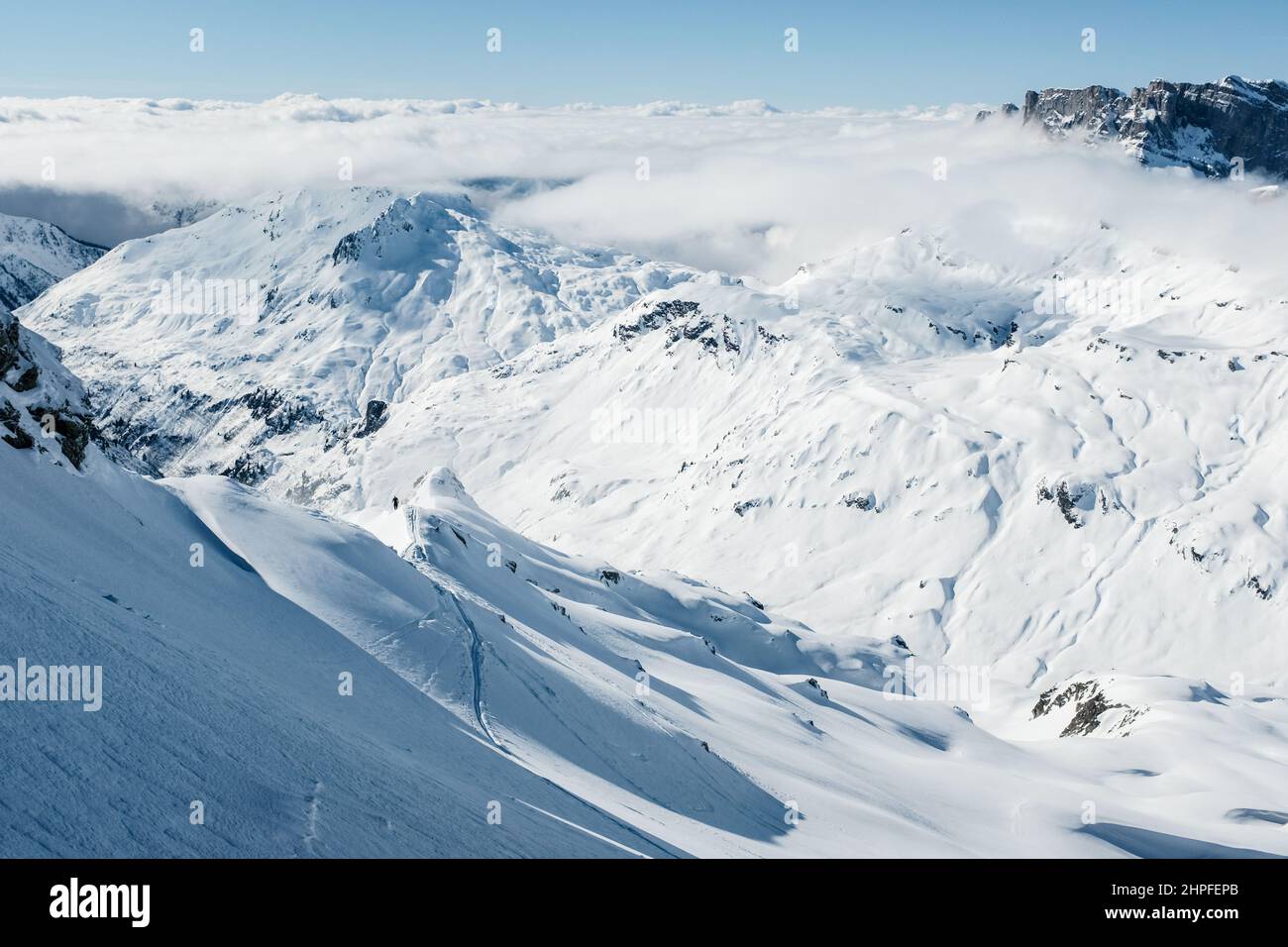 Skitouren im Aiguilles Rouges Nature Reserve, Chamonix, Frankreich Stockfoto