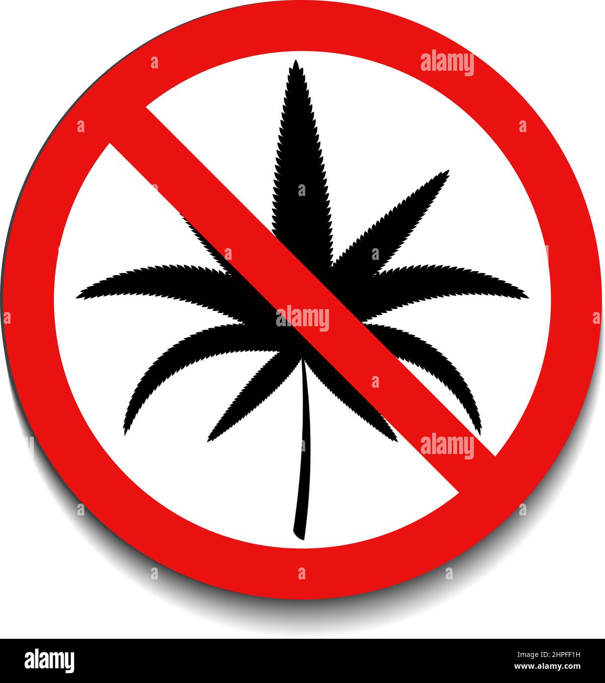 Kein Drogenschild mit rot gekreuztem Marihuana-Austritt auf weißem Hintergrund. Symbol für nicht erlaubten Alkohol. Vektor-Illustration im trendigen runden flachen Stil w Stock Vektor