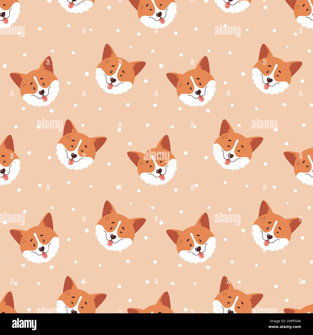 Corgi Nahtloses Muster. Niedliche lächelnde welsh Corgi Gesichter und Polka Punkt Hintergrund. Fröhliche Hundefiguren. Vektorgrafik. Stock Vektor