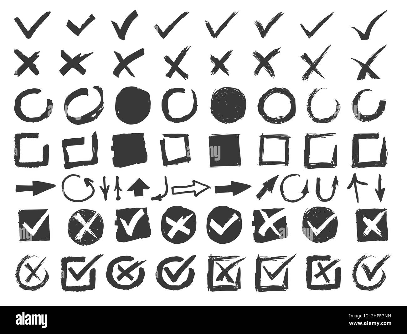 Handgezeichnete Schilder. Schwarze Häkchen für Doodle. Kreuze und Pfeile. Monochrome handschriftliche Quadrate und Kreise. Markieren Sie isolierte Symbole. Leer und gefüllt Stock Vektor