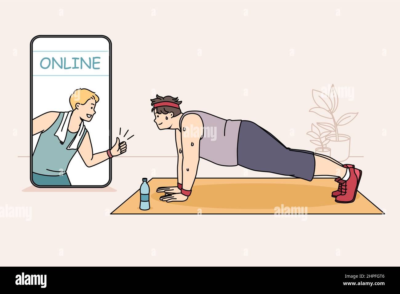 Online-Training und Übergewicht Konzept. Lächelnd schwitzend fetter Mann tut Sport Fitness-Training online Blick auf Trainer auf Smartphone-Bildschirm zu Hause Vektor-Illustration Stock Vektor