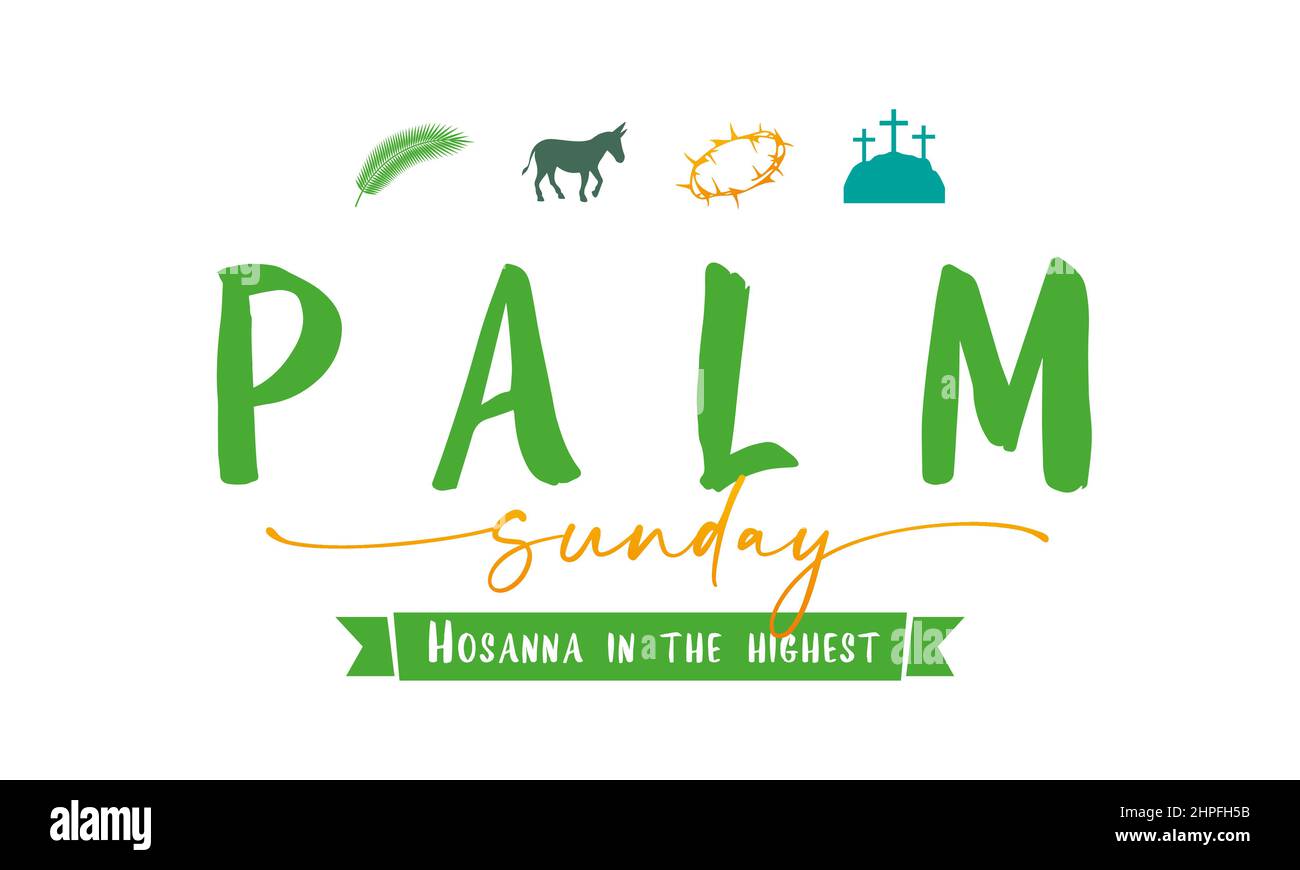 Palmsonntag - Hosanna in der höchsten. Christliche Grußkarte mit Symbolen der Karwoche. Selig ist, der da kommt im Namen des Herrn! Bibelvektor il Stock Vektor