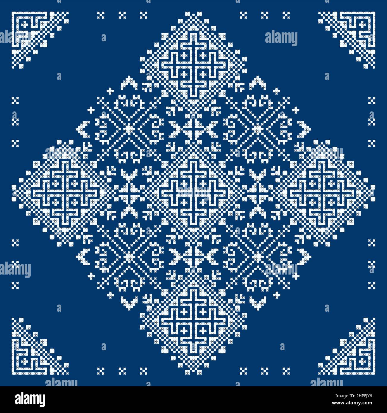 Bosnien und Herzegowina Stickereien Stil Vektor-Muster in Quadrat mit Ecken, Grußkarte Stil Zmijanjski vez traditionellen Ornament in weiß auf Stock Vektor