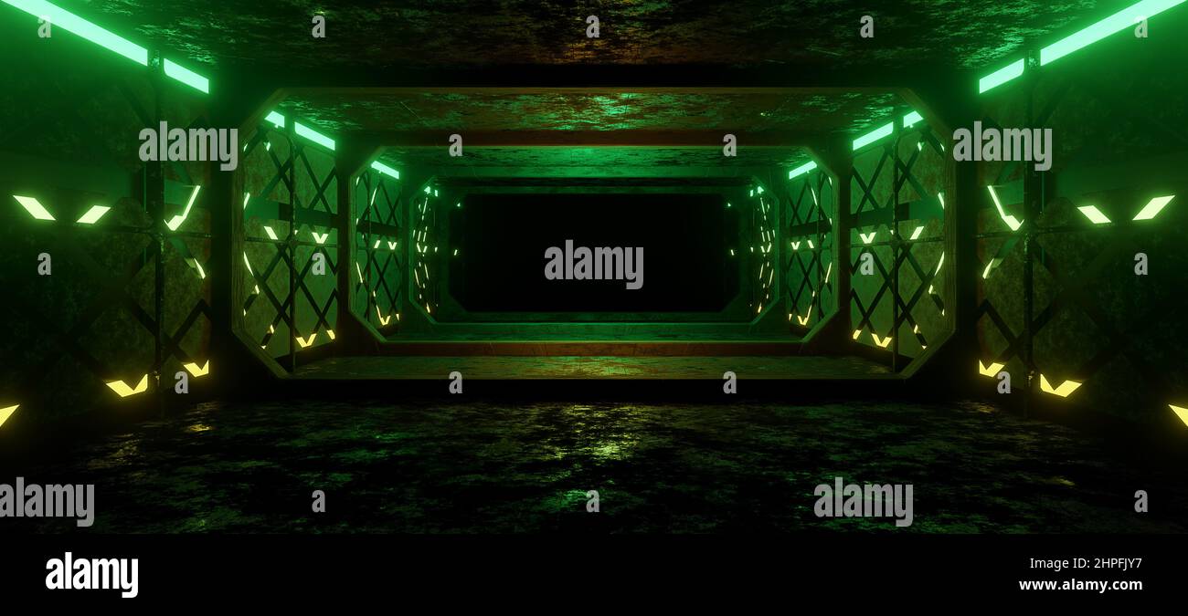 Leuchtendes Cyber Innenraum Technologie Raum Glowy Olivgrün Farben futuristischer Hintergrund 3D Illustration Stockfoto