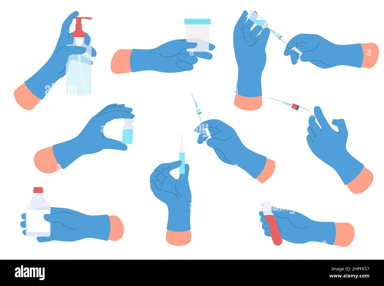 Medizinische Hände. Arztarme mit Operationshandschuhen halten verschiedene medizinische Werkzeuge bereit. Handflächen mit Injektionen und Ampullen. Reagenzglas und Impfstoffspritze Stock Vektor